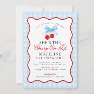 Cherry Sweet Blue Coquette Bow Gingham Birthday Einladung
