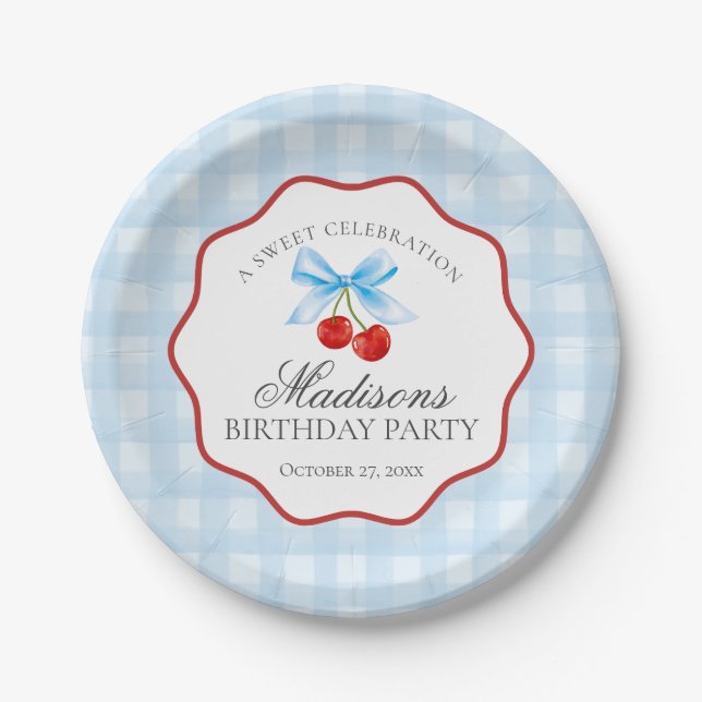 Cherry Sweet Blue Coquette Bow Gingham Birthday Pappteller (Vorderseite)