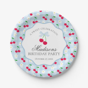 Cherry Sweet Blue Coquette Bow Gingham Birthday Pappteller