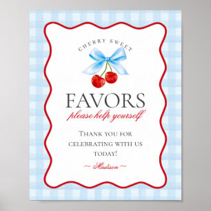 Cherry Sweet Blue Coquette Bow Gingham Favors Sign Poster