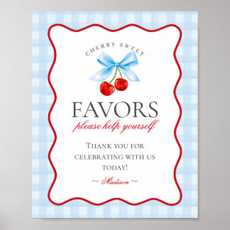 Cherry Sweet Blue Coquette Bow Gingham Favors Sign Poster