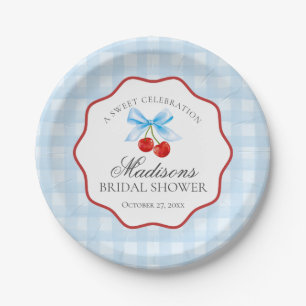 Cherry Sweet Blue Coquette Gingham Brautparty Pappteller