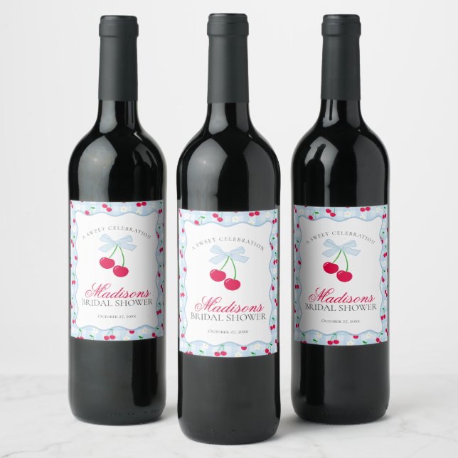 Cherry Sweet Blue Coquette Gingham Brautparty Weinetikett (Flaschen)