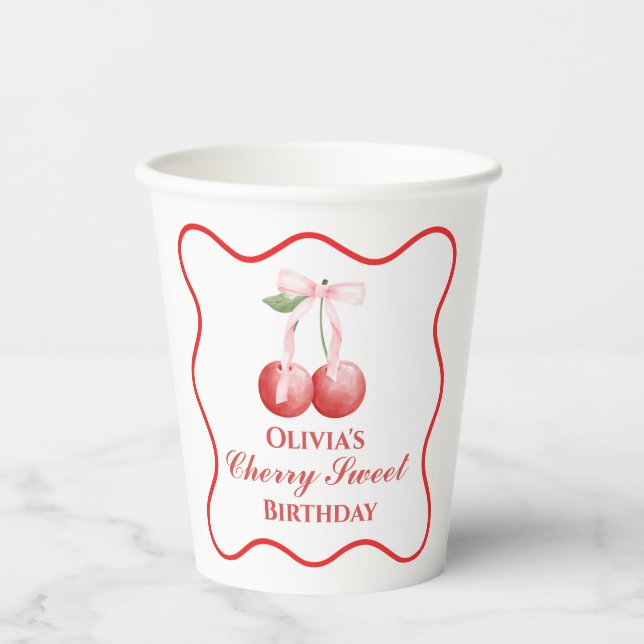 Cherry Sweet Geburtstag Pink Bow Gingham Pappbecher (Vorderseite)