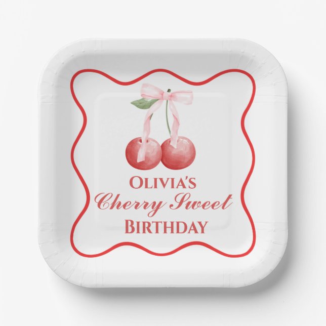 Cherry Sweet Geburtstag Rosa Schleife Gingham Pappteller (Vorderseite)