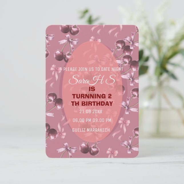 Cherry Sweet Geburtstagsparty Einladung, Cherry Bo (Stehend Vorderseite)