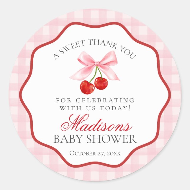Cherry Sweet Pink Coquette Bow Baby Shower Circle Runder Aufkleber (Vorderseite)