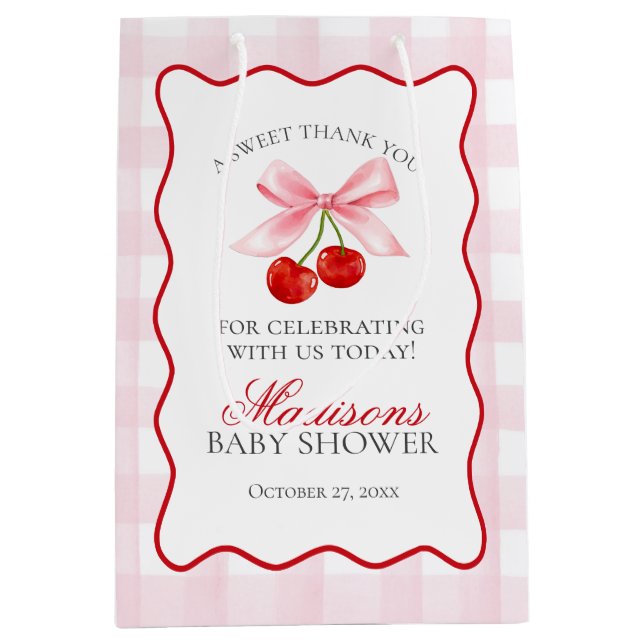 Cherry Sweet Pink Coquette Bow Baby Shower Favorit Mittlere Geschenktüte (Vorderseite)