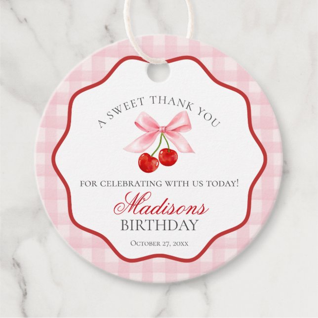 Cherry Sweet Pink Coquette Bow Birthday Circle Geschenkanhänger (Vorderseite)