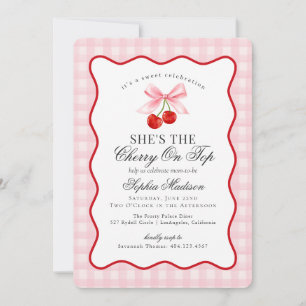 Cherry Sweet Pink Coquette Bow Gingham Baby Dusche Einladung