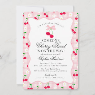 Cherry Sweet Pink Coquette Bow Gingham Baby Dusche Einladung