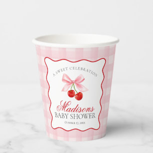 Cherry Sweet Pink Coquette Bow Gingham Baby Dusche Pappbecher