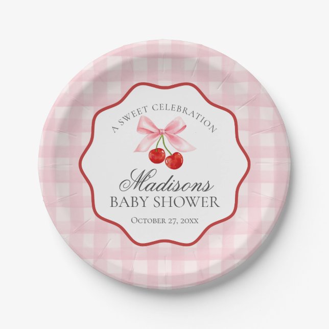 Cherry Sweet Pink Coquette Bow Gingham Baby Dusche Pappteller (Vorderseite)