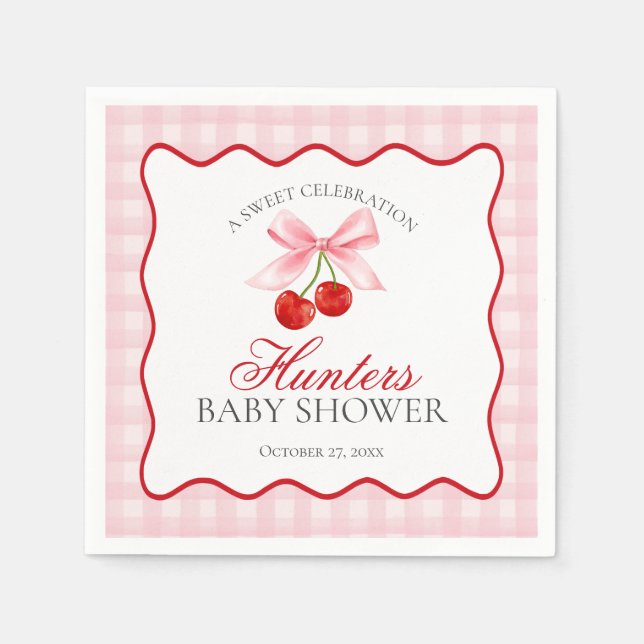 Cherry Sweet Pink Coquette Bow Gingham Baby Dusche Serviette (Vorderseite)