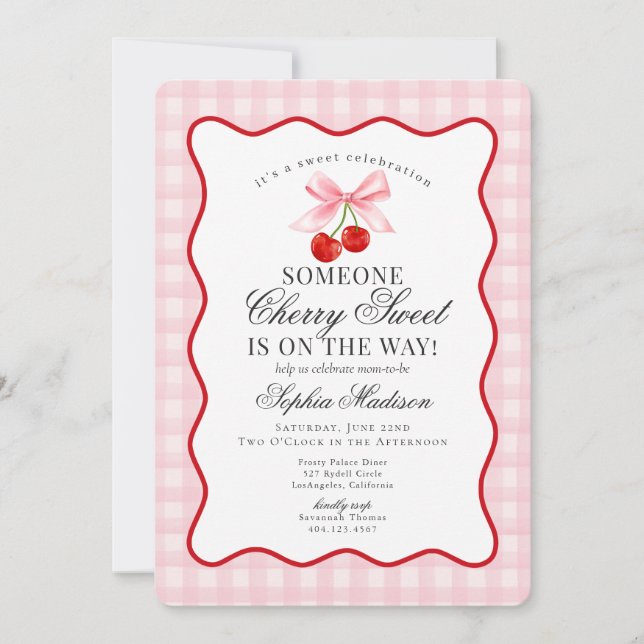 Cherry Sweet Pink Coquette Bow Gingham Baby Shower Einladung (Vorderseite)