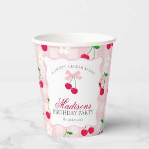 Cherry Sweet Pink Coquette Bow Gingham Birthday Pappbecher