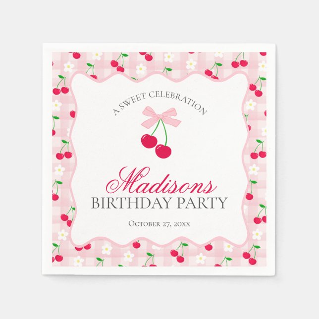 Cherry Sweet Pink Coquette Bow Gingham Birthday Serviette (Vorderseite)