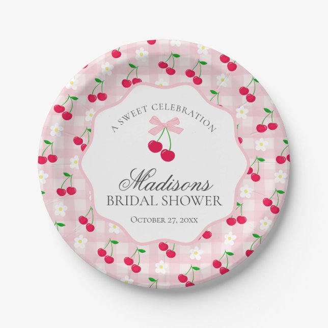 Cherry Sweet Pink Coquette Gingham Brautparty Pappteller (Vorderseite)