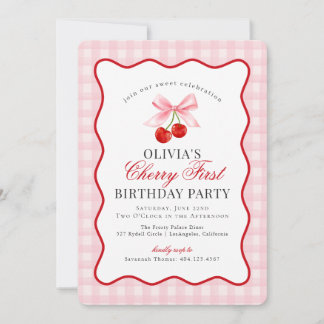 Cherry Sweet Pink Coquette Gingham Erster Geburtst Einladung