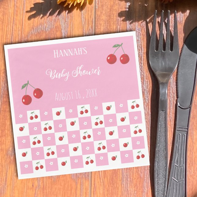 Cherry Thema Rosa und Weißbuch Napkin Serviette (Cherry theme whimsical pink and white Gingham pattern paper napkins . )