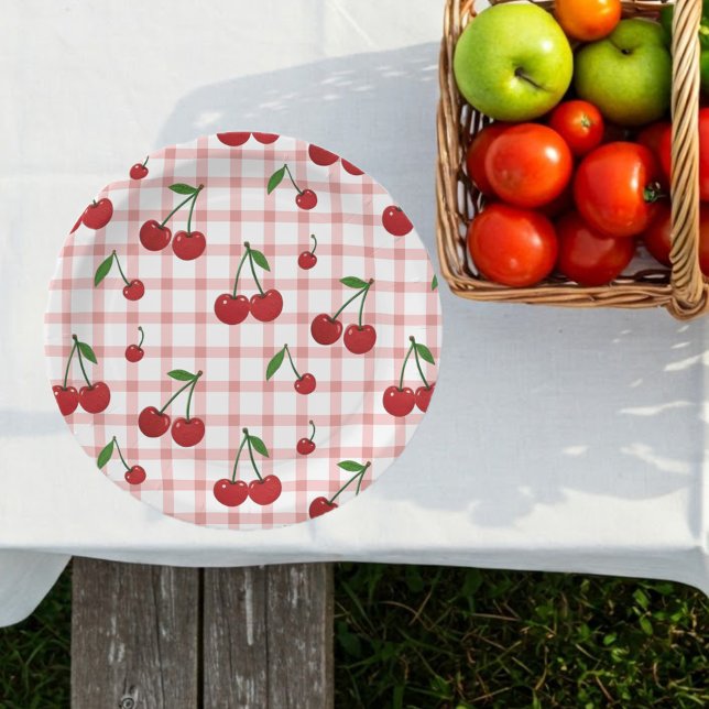 Cherry Themed Paper Plate Set with Pink Checkered  Pappteller (Von Creator hochgeladen)