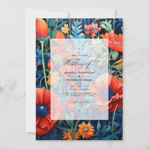 Cherry Tomato und Royal Blue Floral Wedding Einladung