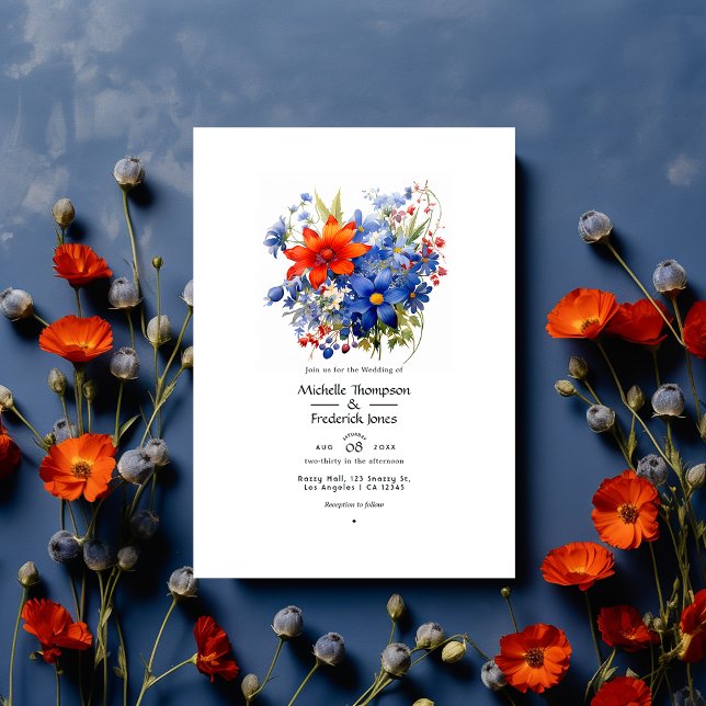 Cherry Tomato und Royal Blue Floral Wedding Einladung (Von Creator hochgeladen)