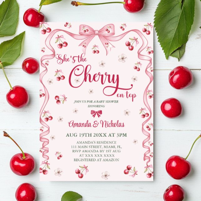 Cherry Top Pink Bow Girl Babydusche Einladung (Von Creator hochgeladen)