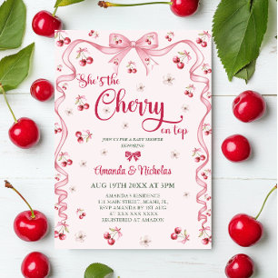 Cherry Top Pink Bow Mädchen Baby Shower Einladung