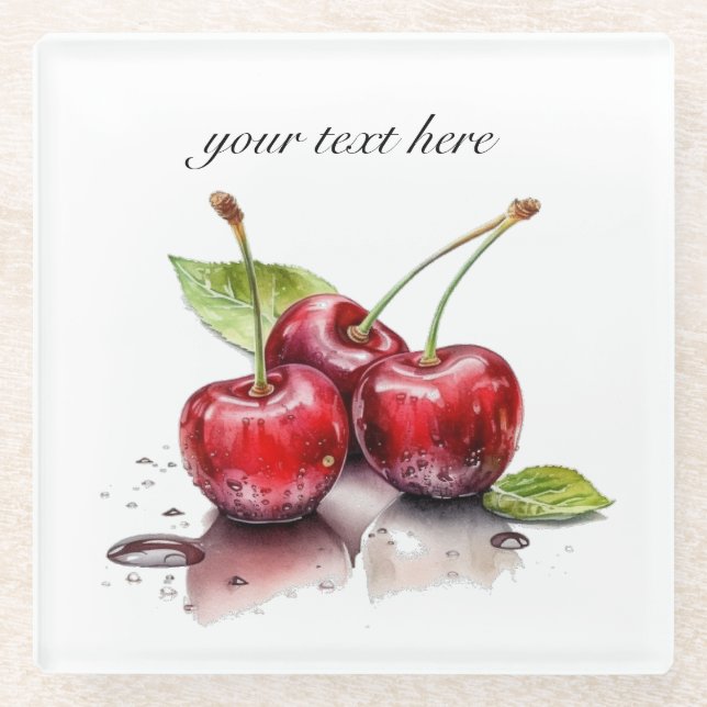 Cherry Trio in Wasserfarbe, nach Maß Glasuntersetzer (Vorderseite)