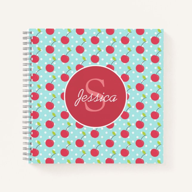 Cherry und Blue Polka Dot Muster Personalisiert Notizbuch (Vorderseite)