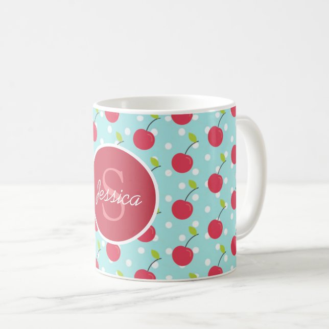 Cherry und Blue Polka Dot Pattern Personalisiert Kaffeetasse (VorderseiteRechts)