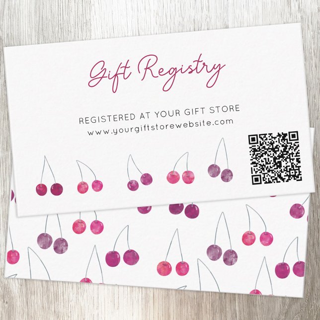 Cherry Watercolo Baby Showhandbuch QR Code Begleitkarte (Baby shower cherry design QR code custom text gift registry enclosure card)