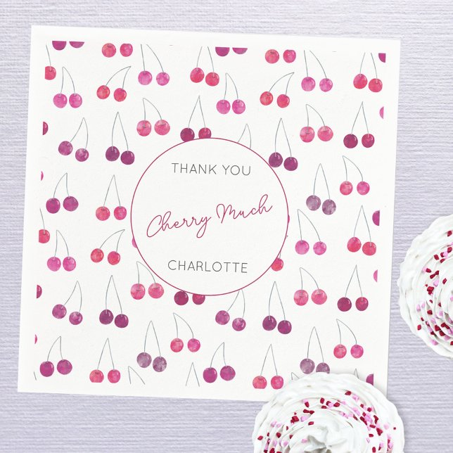 Cherry Watercolor Babydusche Personalisiert Serviette (Pretty watercolor cherry pattern personalized thank you cherry much paper napkin for baby shower)