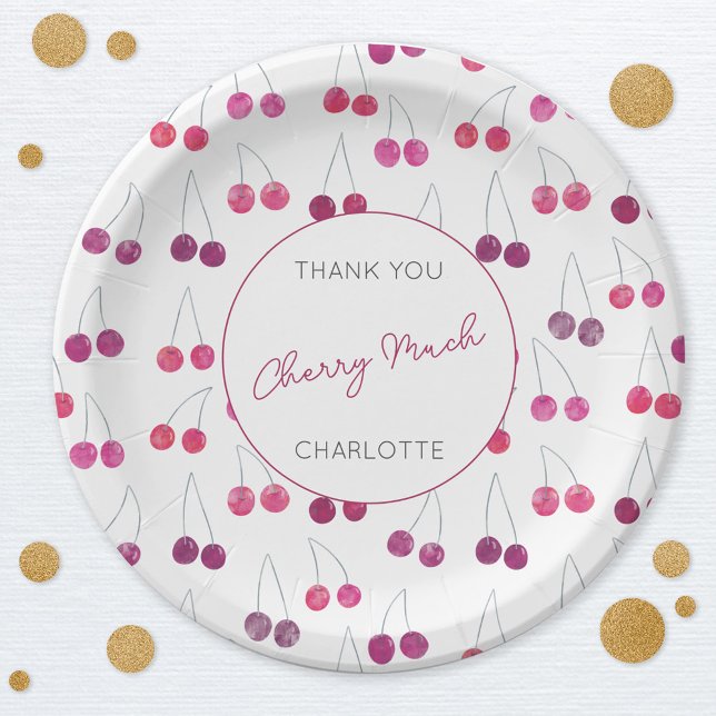 Cherry Watercolor Brautparty Personalisiert Pappteller (Watercolor cherry pattern personalized custom text thank you cherry much party paper plate)