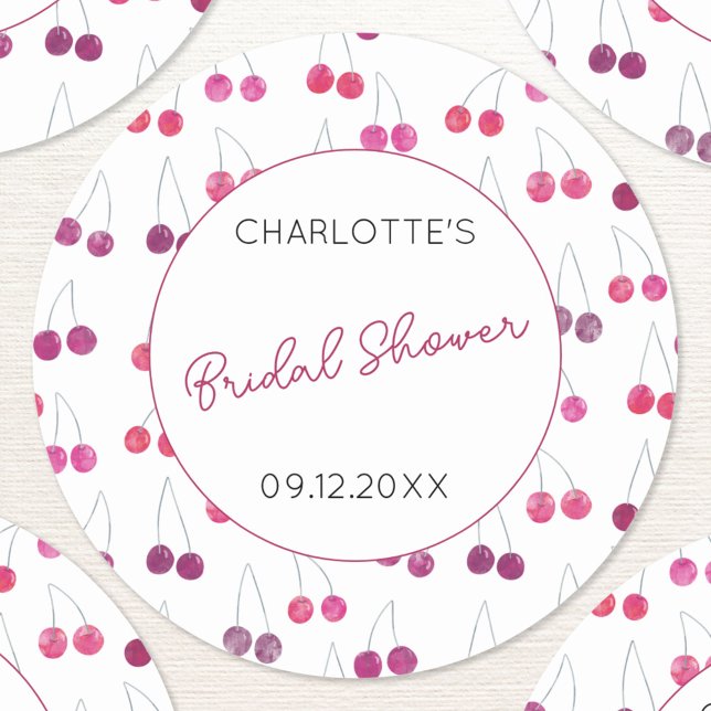 Cherry Watercolor Brautparty Personalisiert Runder Aufkleber (Personalized custom text date name bridal shower watercolor cherry sticker)