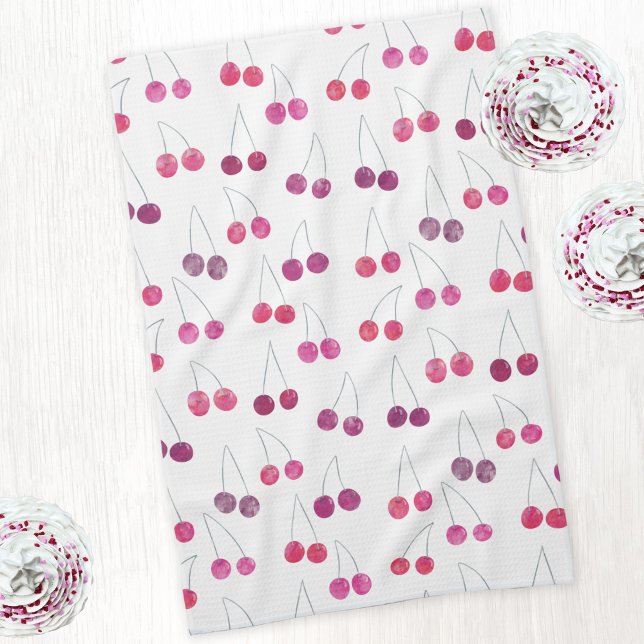 Cherry Watercolor Muster Pink Geschirrtuch (Watercolor cherries pattern kitchen tea towel)
