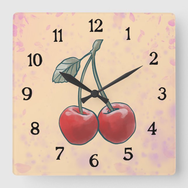 Cherry Watercolor rosa Frucht Quadratische Wanduhr (Vorderseite)