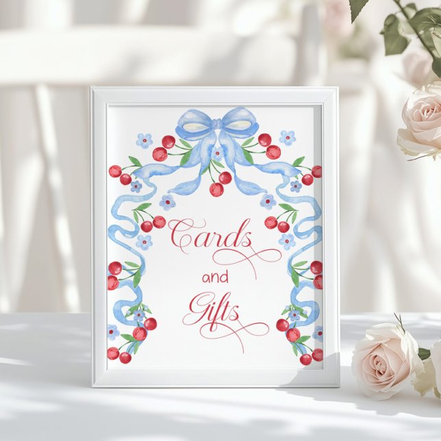 Cherry Whimsical Blue Bow Cards und Geschenke Poster (Von Creator hochgeladen)