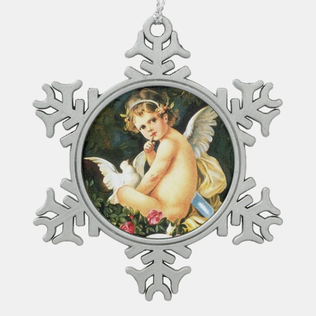Cherub Cupid Dove Rose Herz Schneeflocken Zinn-Ornament (Vorderseite)