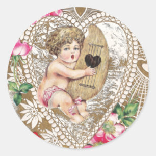 Cherub Playing Harp Illustration Runder Aufkleber