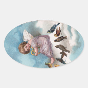 Cherub und Vögel auf Wolke Vintage Ostern Ovaler Aufkleber