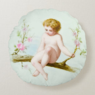 Cherubic Cupid Sings on Pink Blume Vine Swing Rundes Kissen