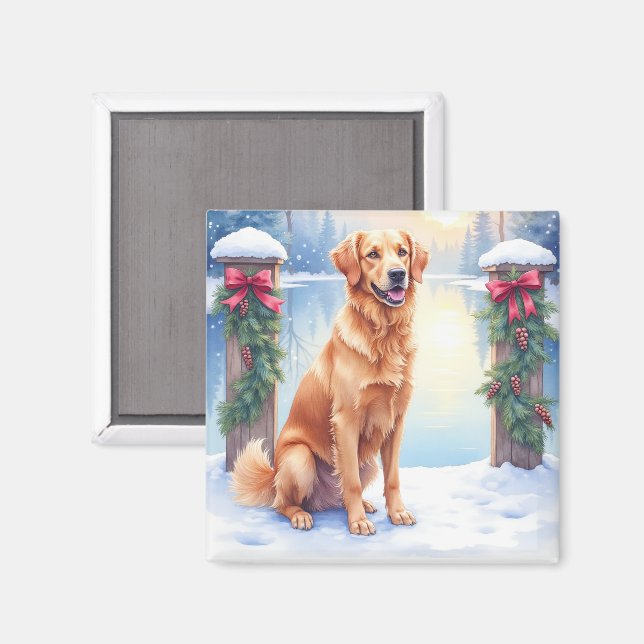Chesapeake Bay Retriever Winter Lakeside Weihnacht Magnet (Vorderseite/Rückseite)