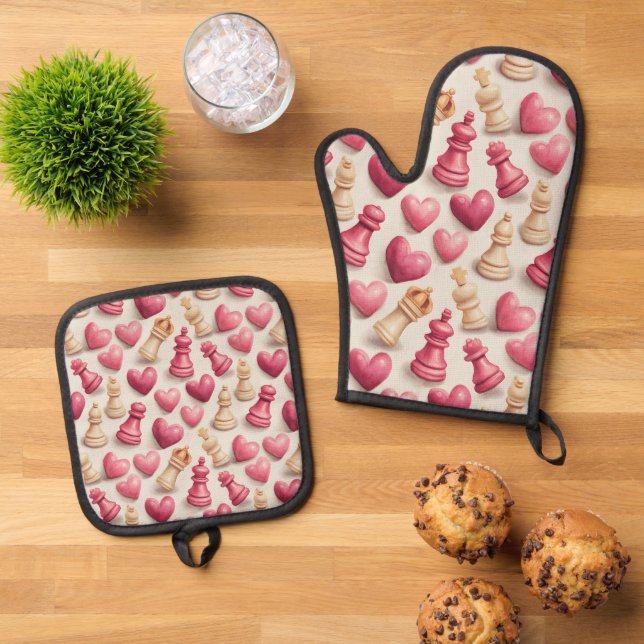Chess & Hearts Valentines Pattern Ofenhandschuh & Topflappen-Set (Oben Unten)