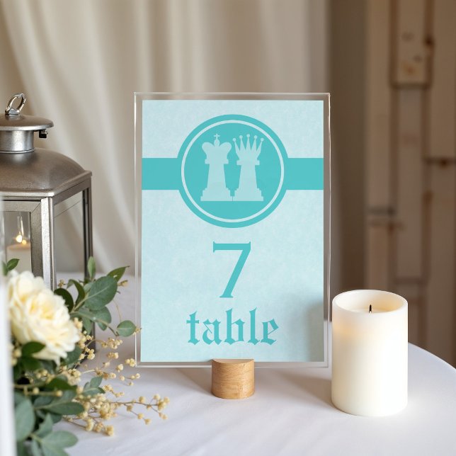 Chess King and Queen Wedding Table Card, Aqua Tischnummer (Aqua Chess King and Queen Wedding Table Card)