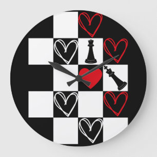Chessboard Heart Valentinstag B&W Große Wanduhr