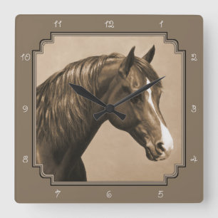 Chestnut Morgan Horse in Sepia Quadratische Wanduhr