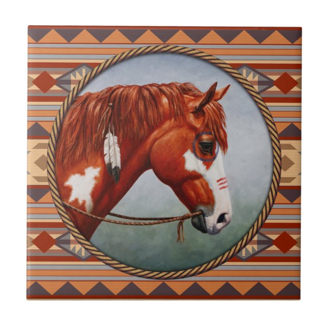 Chestnut Pinto Horse Southwest Indian Design Fliese (Vorderseite)