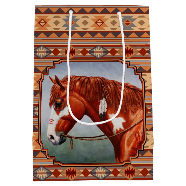 Chestnut Pinto Horse Southwest Indian Design Mittlere Geschenktüte (Rückseite)